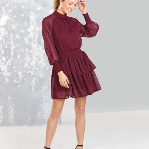 Mudpie Textured Wine Crimson Ruffle Long-Sleeve Tiered Dress Romantic Regency - Picture 1 of 14